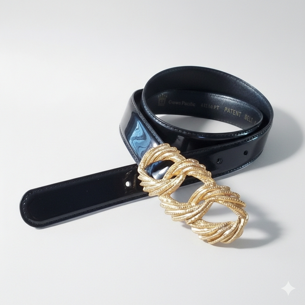Crown Pacific 30-34" NEW Vintage Patent Leather Black Gold Buckle Triple Ring - Picture 8 of 9